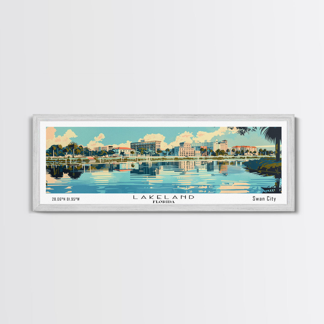 Lakeland Florida Panoramic Painting, Mid Century Modern Framed Canvas Print, Retro Pop Art Travel Poster, Home Wall Decor
