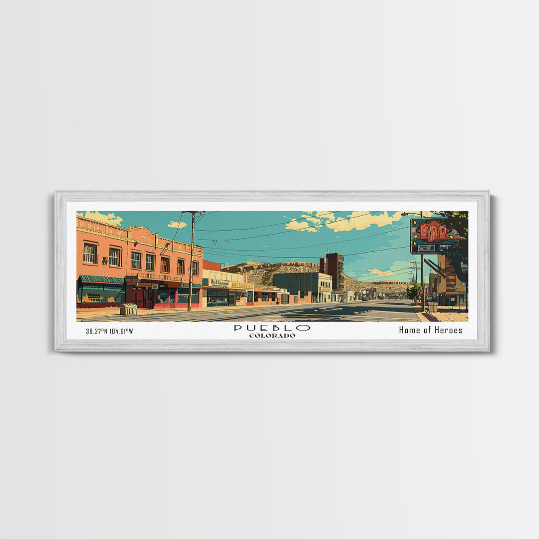 Pueblo Colorado Panoramic Wall Art, Mid Century Modern Framed Canvas Print, Retro Pop Art Travel Poster, City Art, Office Wall Decor, Living Room Art