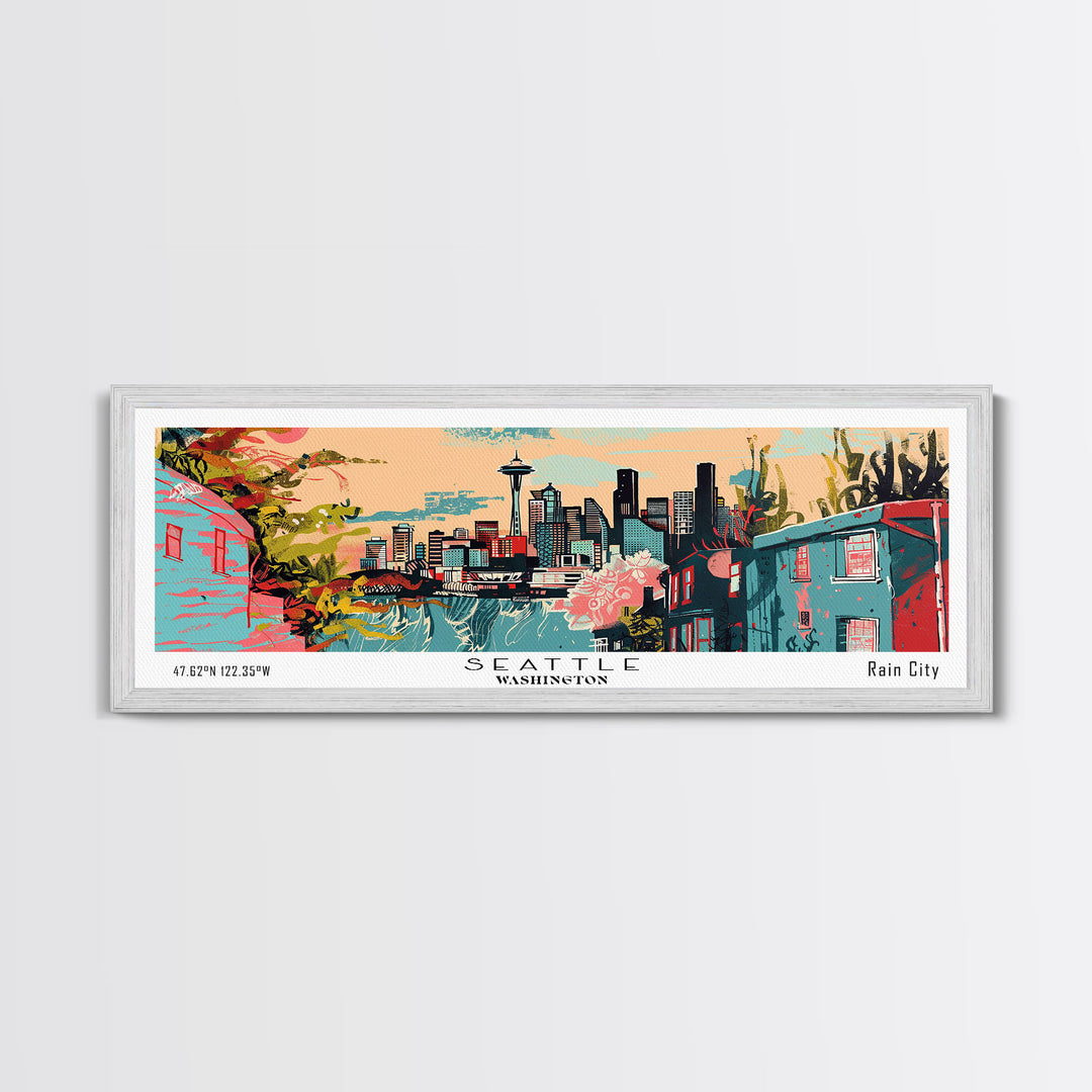 Seattle Washington Panoramic Art, Mid Century Modern Framed Canvas Print, Retro Pop Art Travel Poster, Office Wall Art, Home Decoration