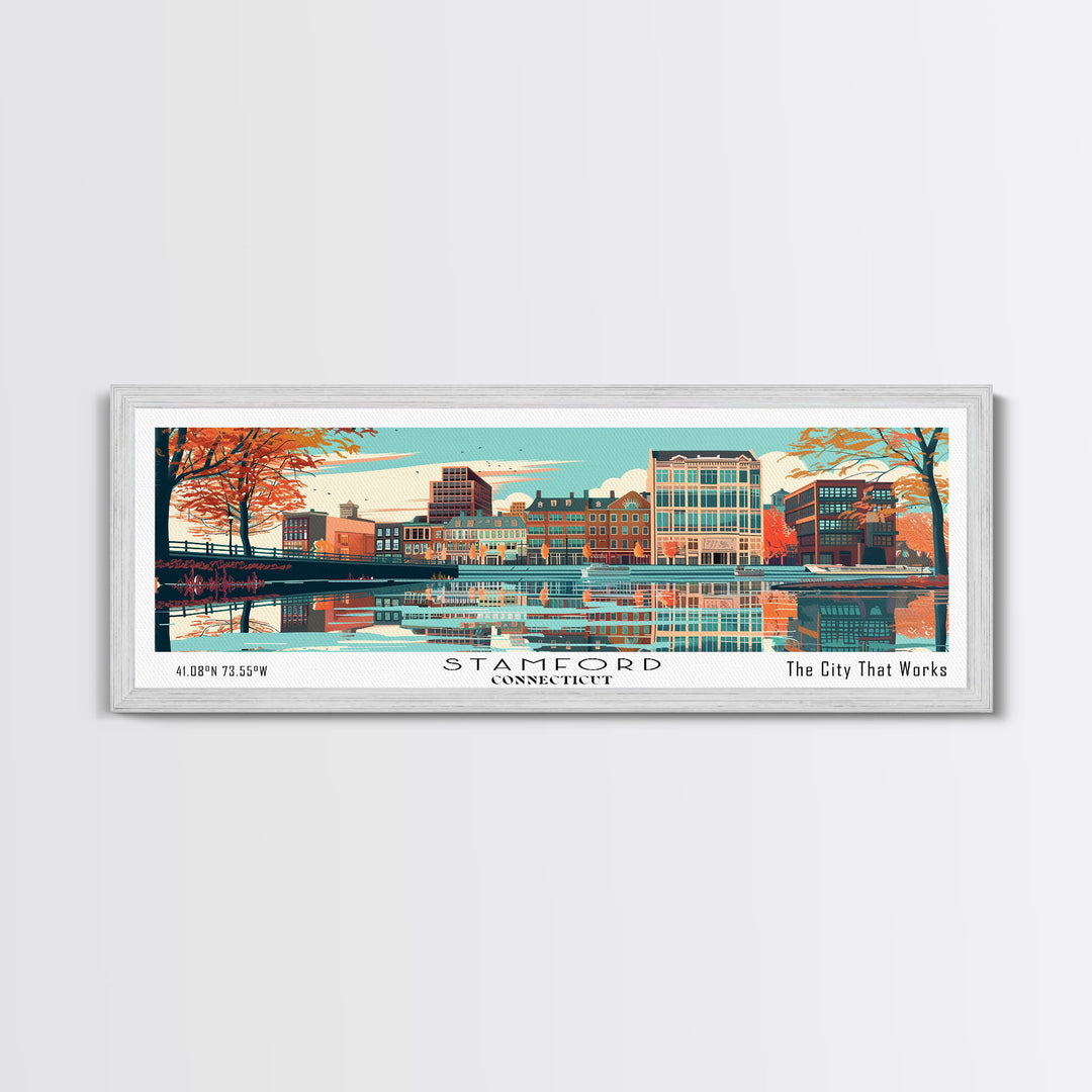 Stamford Connecticut Panoramic Painting, Mid Century Modern Framed Canvas Print, Retro Pop Art Travel Poster, Wall Hanging for Home Decor