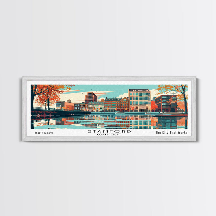 Stamford Connecticut Panoramic Painting, Mid Century Modern Framed Canvas Print, Retro Pop Art Travel Poster, Wall Hanging for Home Decor