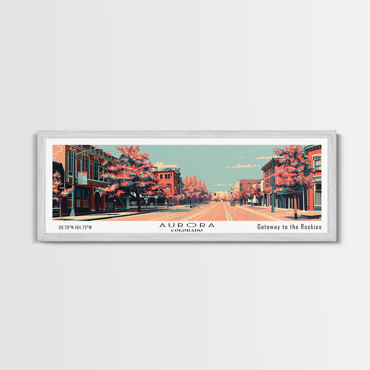 Aurora Colorado Panoramic Painting, Framed Canvas Print, Mid Century Modern Wall Art, Retro Pop Art Travel Poster, Office Decor, City Art