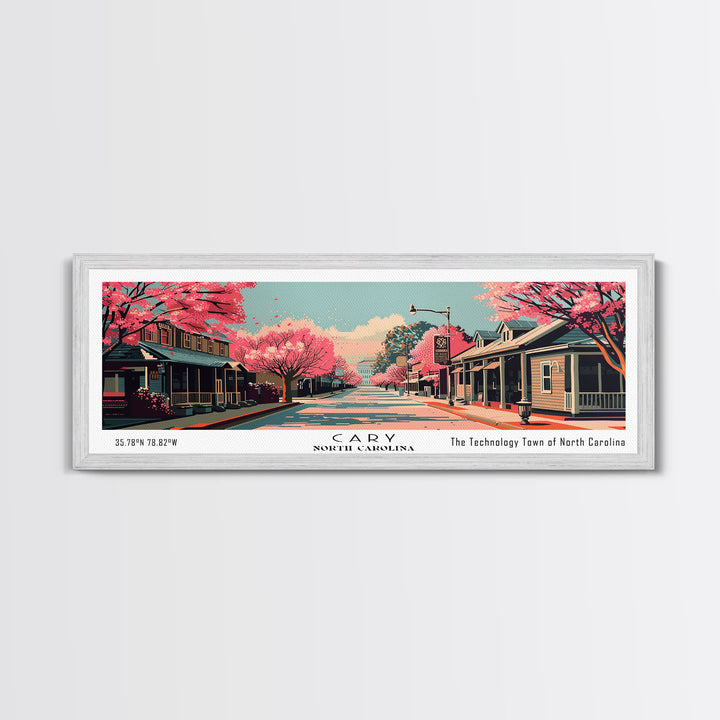 Cary North Carolina Panoramic Painting, Framed Canvas Print, Mid Century Modern Wall Art, Retro Pop Art Travel Poster, Office Decor, City Art