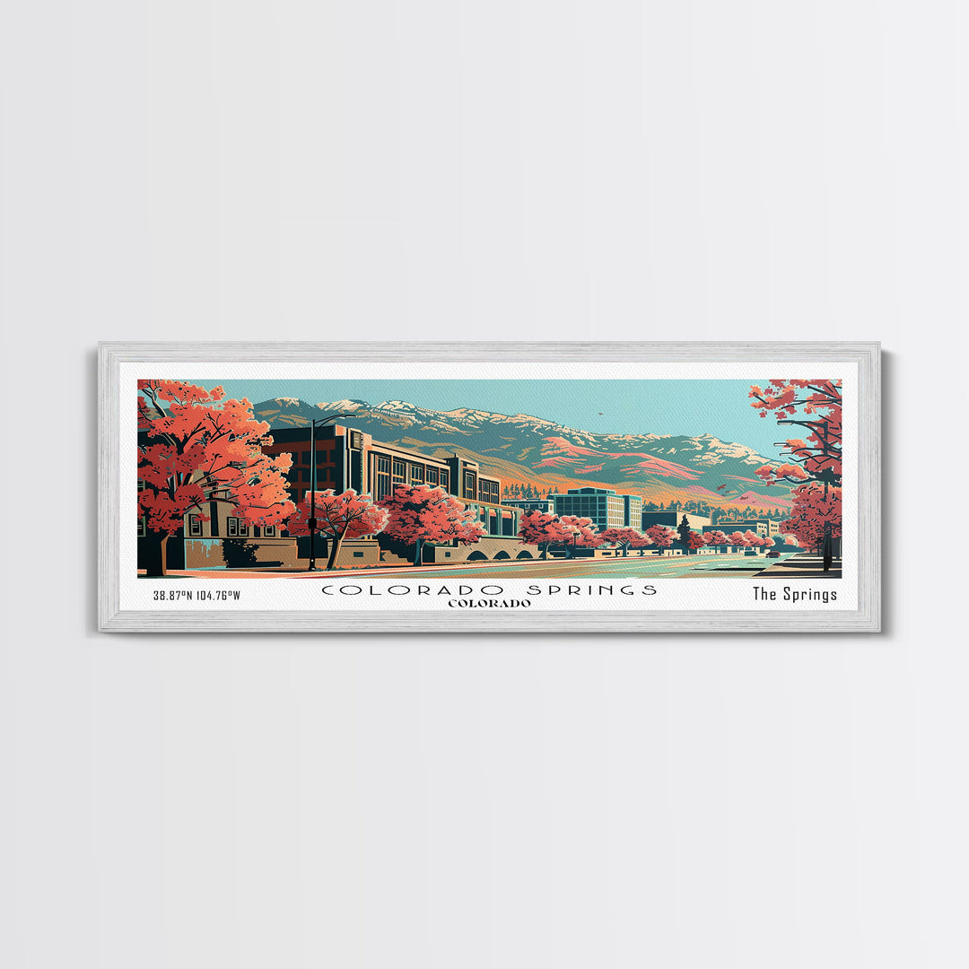 Colorado Springs Colorado Panoramic Painting, Framed Canvas Print, Mid Century Modern Wall Art, Retro Pop Art Travel Poster, Office Decor, City Art