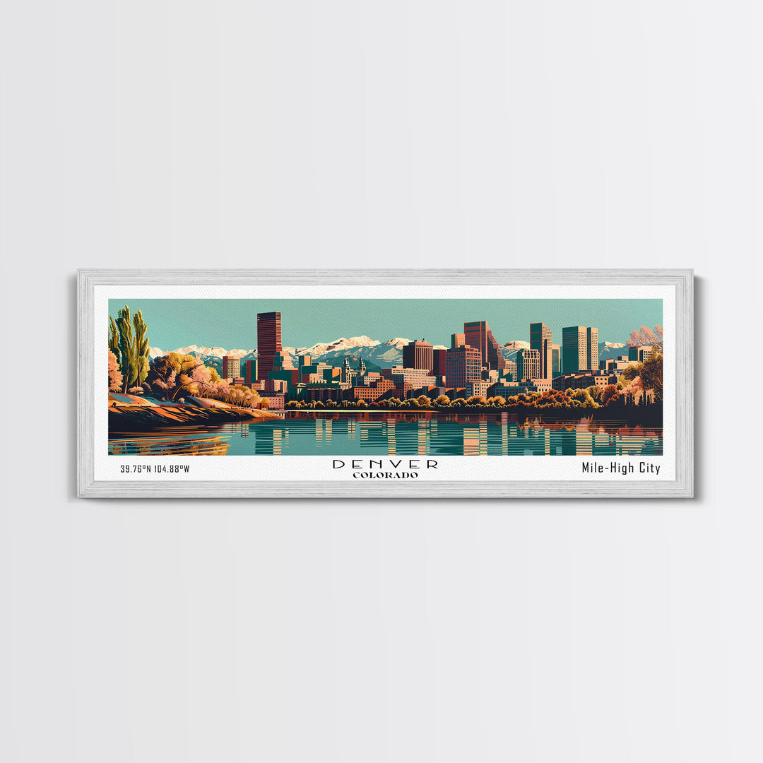 Denver Colorado Panoramic Painting, Framed Canvas Print, Mid Century Modern Wall Art, Retro Pop Art Travel Poster, Living Room Decor, City Art