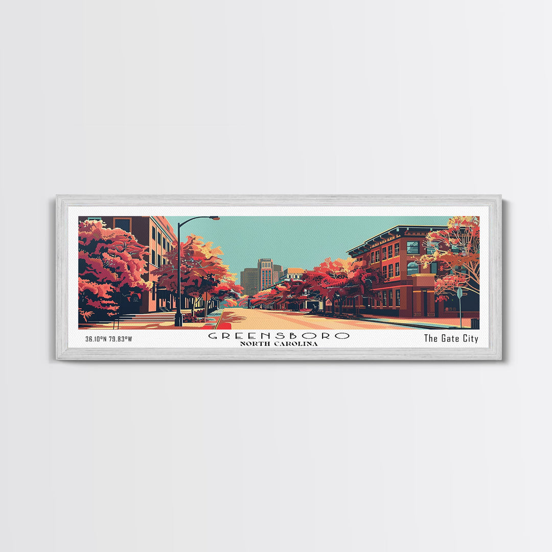 Greensboro North Carolina Panoramic Wall Art, Mid Century Modern Framed Canvas Print, Retro Pop Art Travel Poster, City Art, Living Room Decor, Home Office Decor