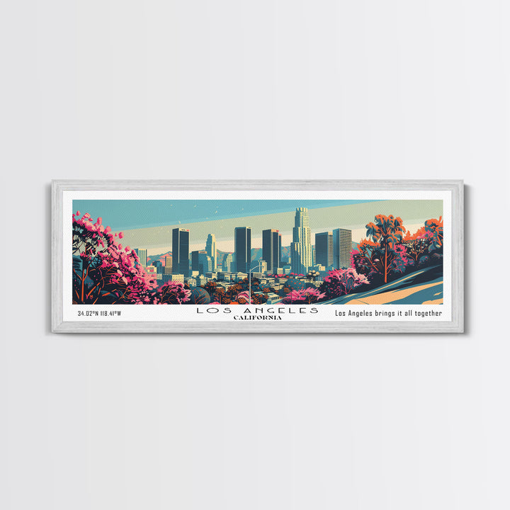 Los Angeles California Mid Century Modern Framed Canvas Print, Retro Pop Art Travel Poster, Home Decor, City Art, Panoramic Painting