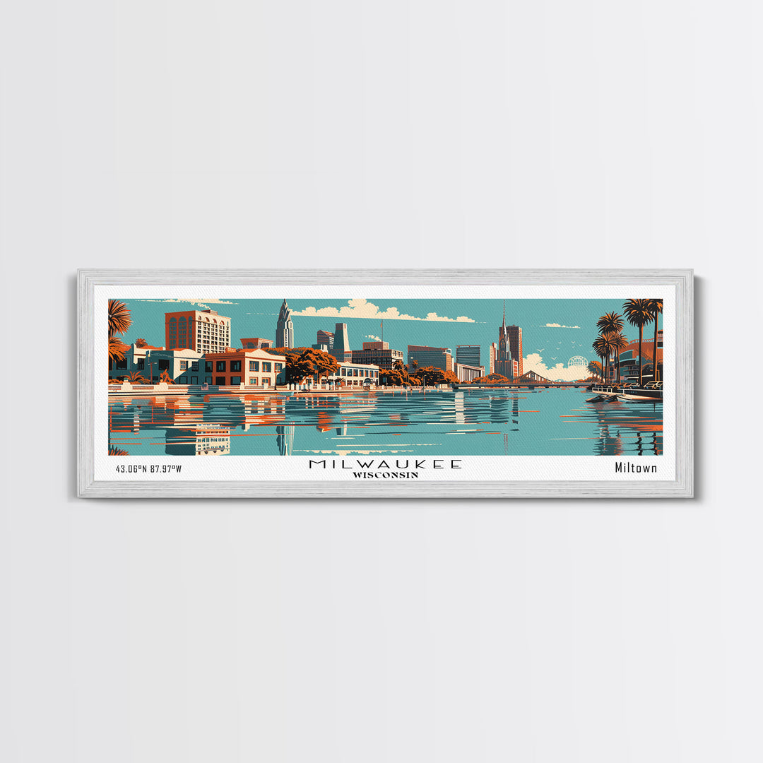Milwaukee Wisconsin Panoramic Wall Art, Mid Century Modern Framed Canvas Print, Retro Pop Art Travel Poster, Office Decor, Living Room Art