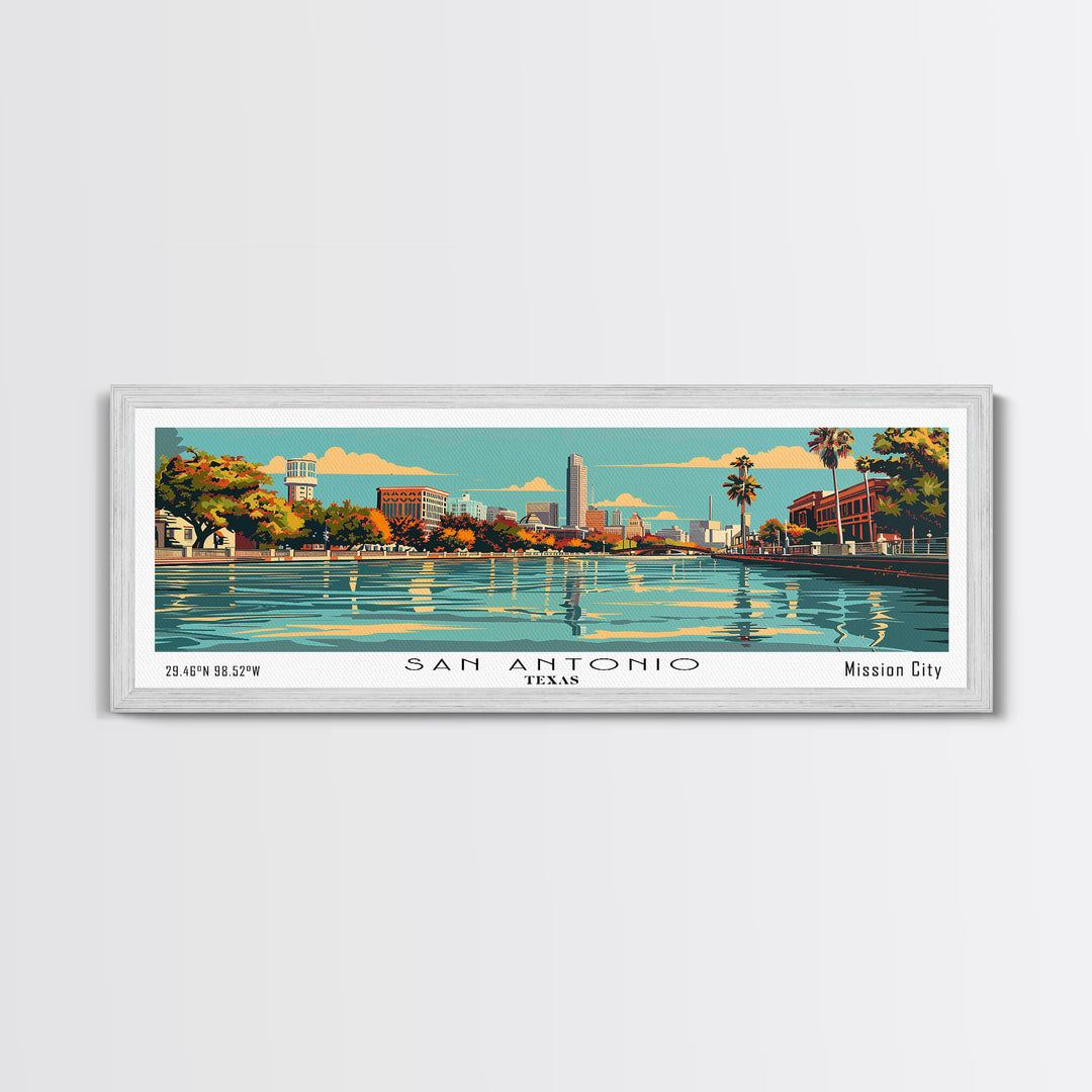 San Antonio Texas Panoramic Painting, Mid Century Modern Framed Canvas Print, Retro Pop Art Travel Poster, Cityscape, Home Decor, Office Wall Art