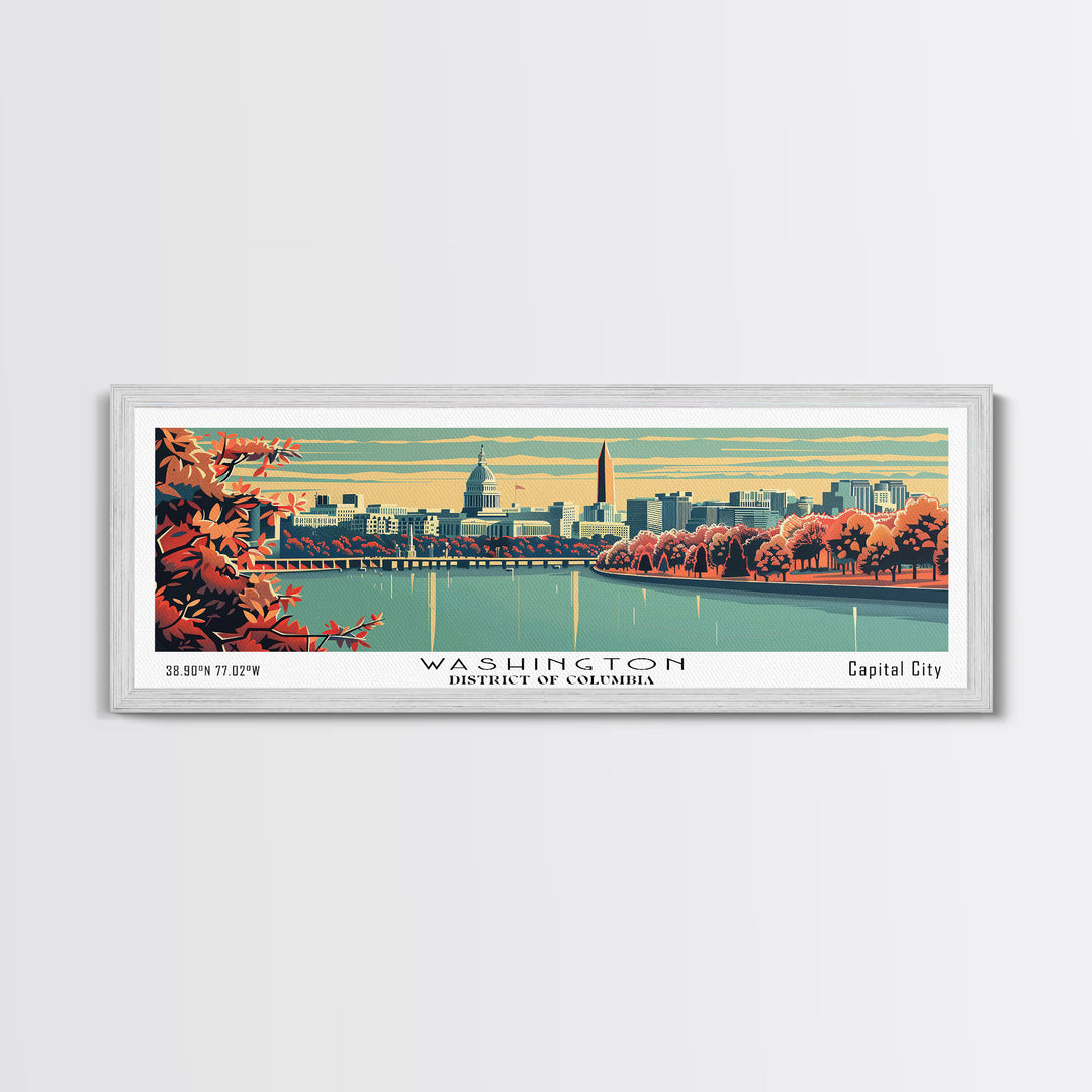 Washington DC Panoramic Wall Art, Mid Century Modern Framed Canvas Print, Retro Pop Art Travel Poster, Cityscape Decor, Office Wall Art