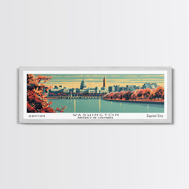Washington DC Panoramic Wall Art, Mid Century Modern Framed Canvas Print, Retro Pop Art Travel Poster, Cityscape Decor, Office Wall Art