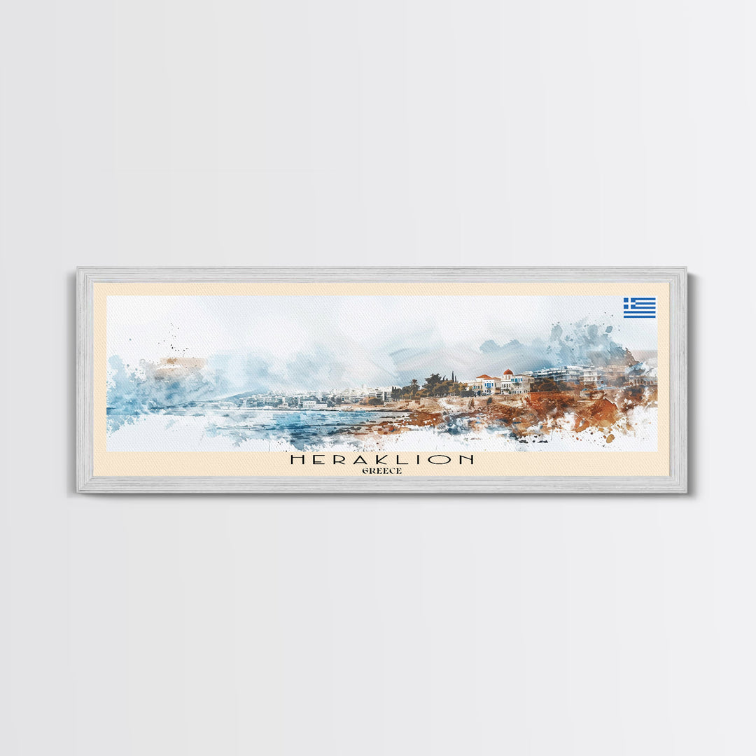 Heraklion Greece Panoramic Travel Poster, Framed Canvas Print or Metal Wall Art, Travel Art, Home Decor, Panoramic Painting, Midcentury Art