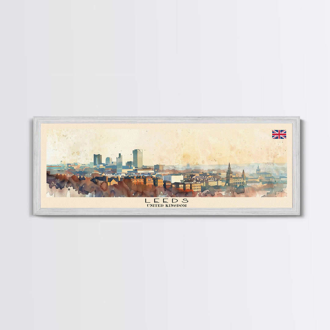 Leeds United Kingdom Panoramic Travel Poster, Framed Canvas Print or Metal Wall Art, Travel Art, Home Decor, Panoramic Painting, Midcentury Art