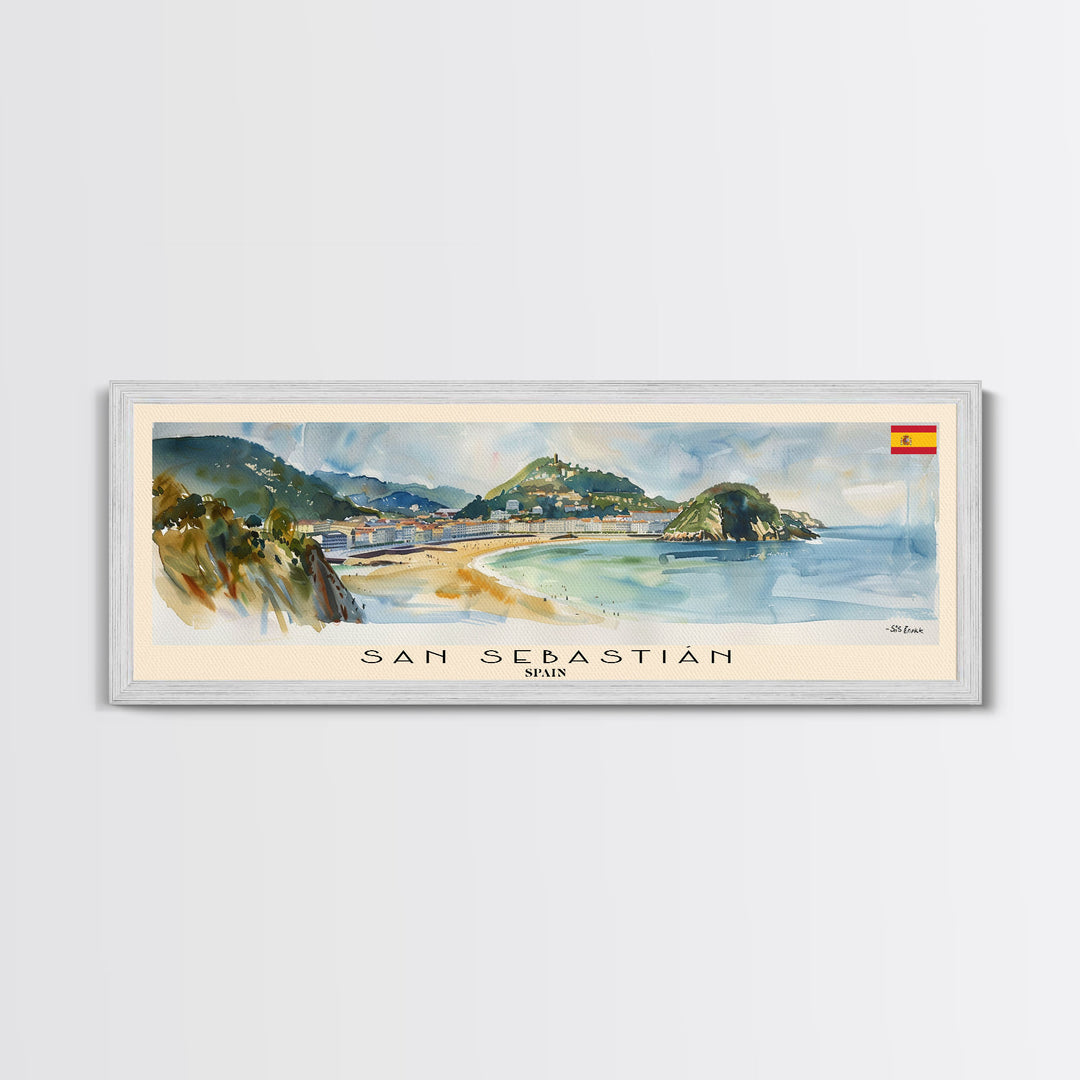 San Sebastian Spain Panoramic Travel Poster, Framed Canvas Print or Metal Wall Art, Travel Art, Home Decor, Panoramic Painting, Midcentury Art
