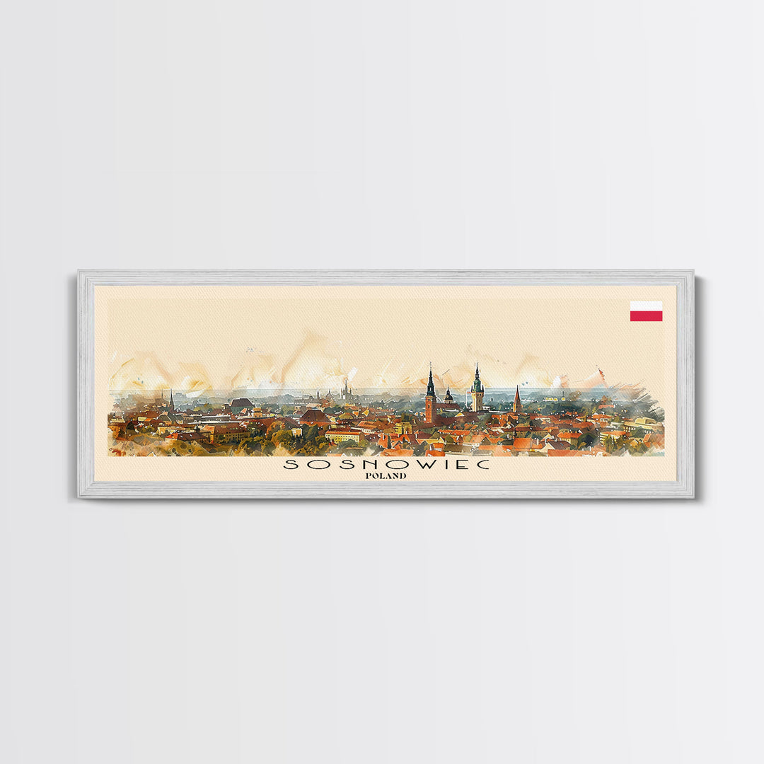 Sosnowiec Poland Panoramic Travel Poster, Framed Canvas Print or Metal Wall Art, Travel Art, Home Decor, Panoramic Painting, Midcentury Art
