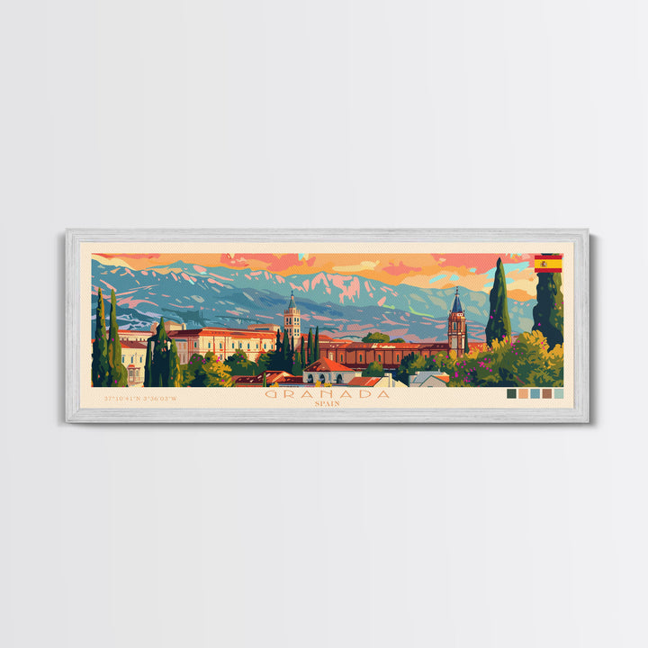 Granada Spain Panoramic Travel Poster, Framed Canvas Print or Metal Wall Art, Travel Art, Home Decor, Panoramic Painting, Midcentury Art