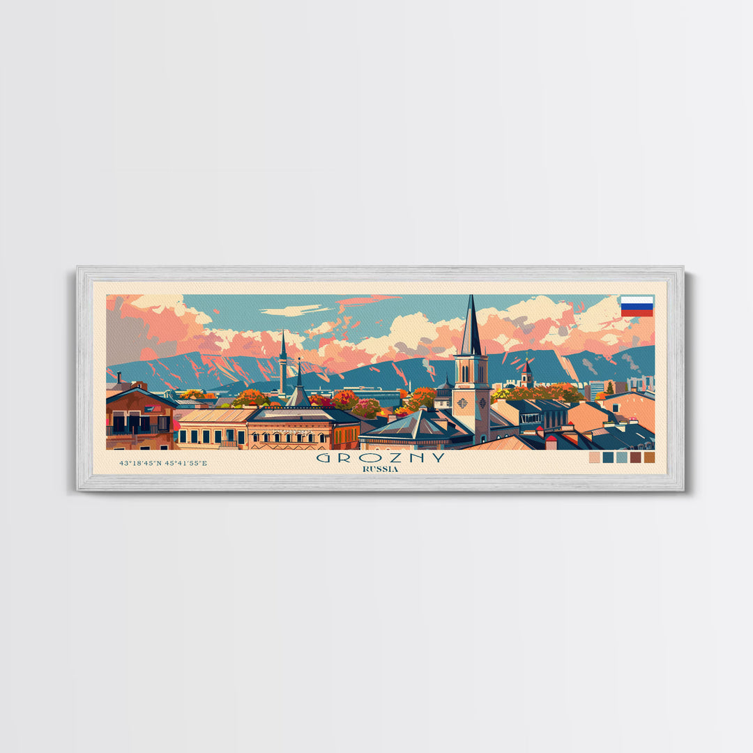 Grozny Russia Panoramic Travel Poster, Framed Canvas Print or Metal Wall Art, Travel Art, Home Decor, Panoramic Painting, Midcentury Art