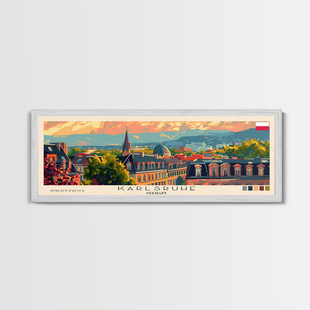 Karlsruhe Germany Panoramic Travel Poster, Framed Canvas Print or Metal Wall Art, Travel Art, Home Decor, Panoramic Painting, Midcentury Art