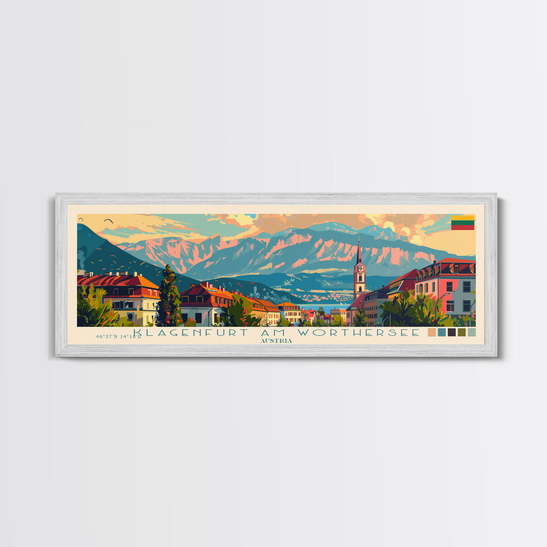 Klagenfurt Austria Panoramic Travel Poster, Framed Canvas Print or Metal Wall Art, Travel Art, Home Decor, Panoramic Painting, Midcentury Art