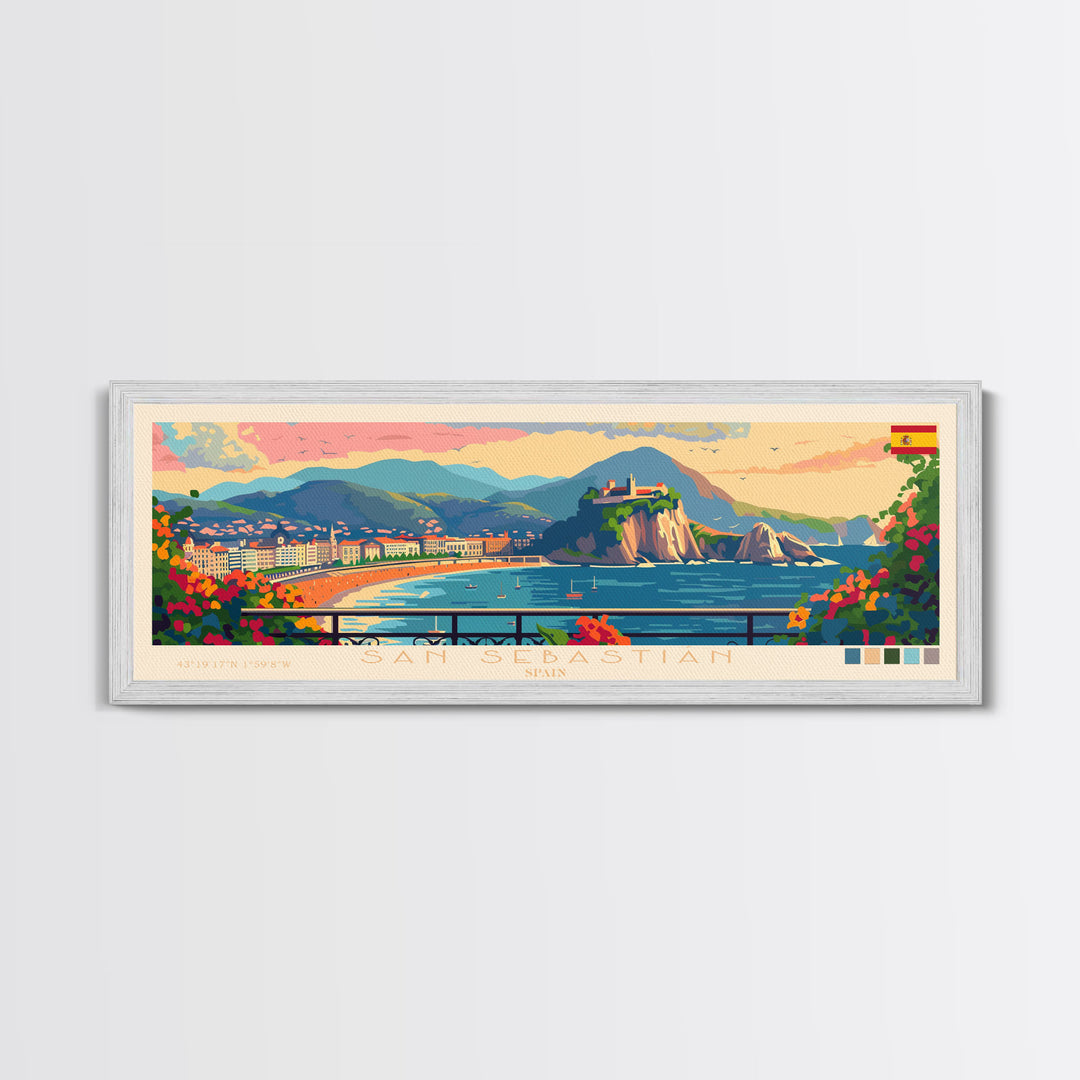 San Sebastian Spain Panoramic Travel Poster, Framed Canvas Print or Metal Wall Art, Travel Art, Home Decor, Panoramic Painting, Midcentury Art