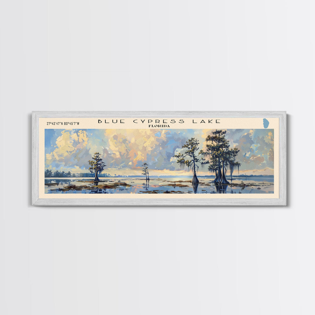Blue Cypress Lake Florida Framed Canvas Print, Lake House Art, Panoramic Scenic View, Travel Poster, Modern Decor, Lake Painting