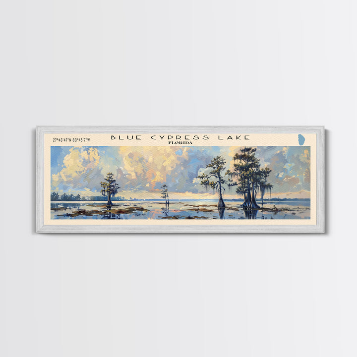 Blue Cypress Lake Florida Framed Canvas Print, Lake House Art, Panoramic Scenic View, Travel Poster, Modern Decor, Lake Painting