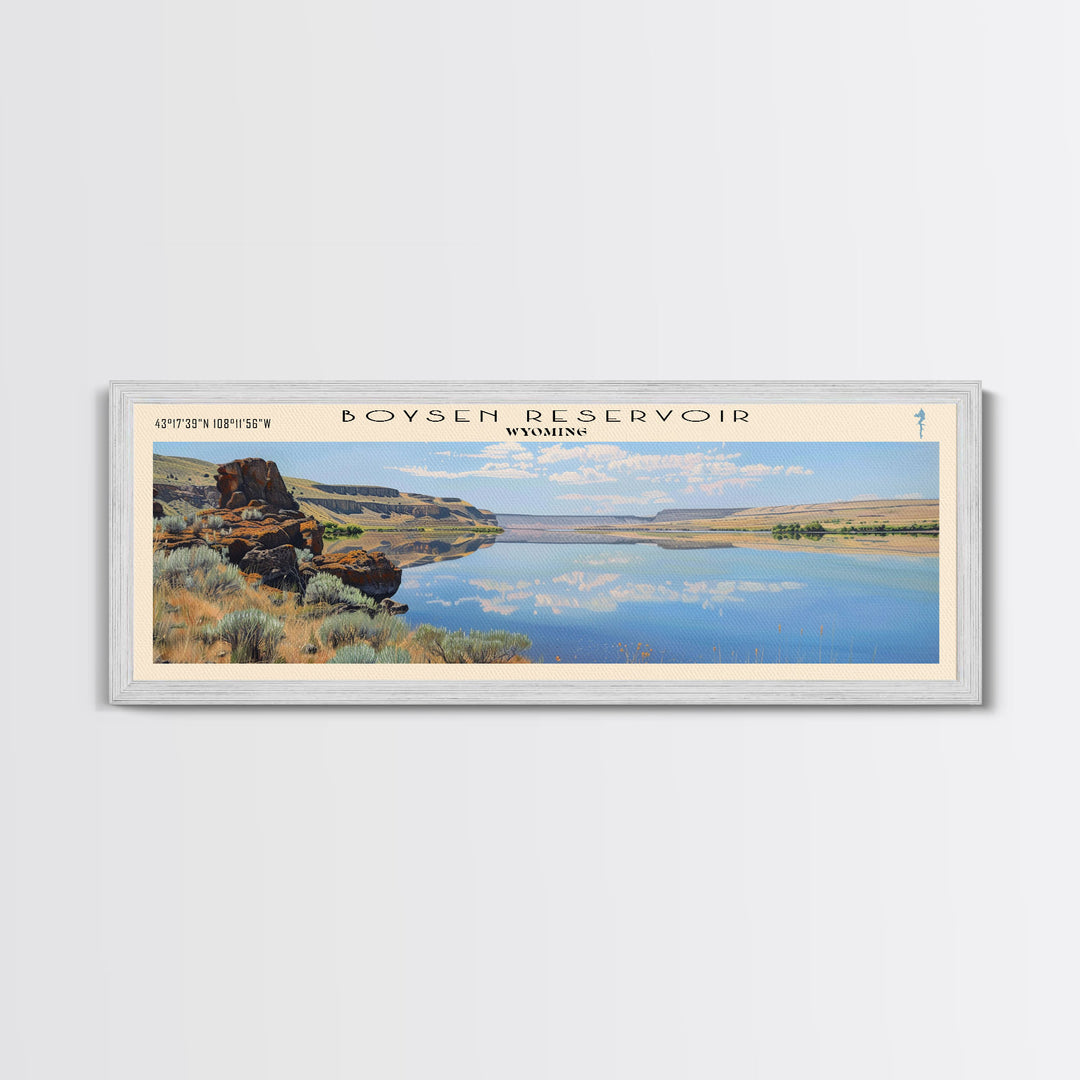Boysen Reservoir Wyoming Framed Canvas Print, Lake House Art, Panoramic Wall Art, Travel Poster, Minimalist Lake Painting, Home Decor