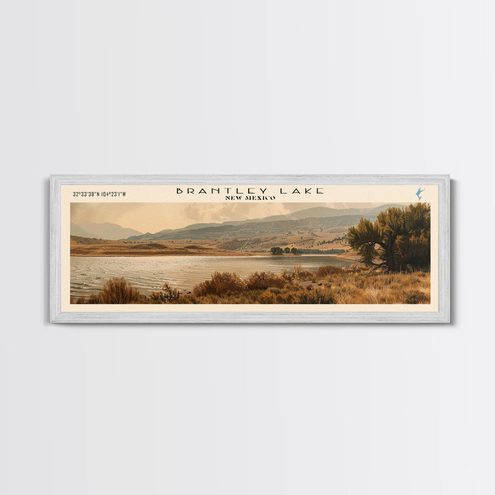 Brantley Lake New Mexico Framed Canvas Print, Lake House Art, Panoramic Wall Art, Travel Poster, Modern Lake Painting, Nature Art