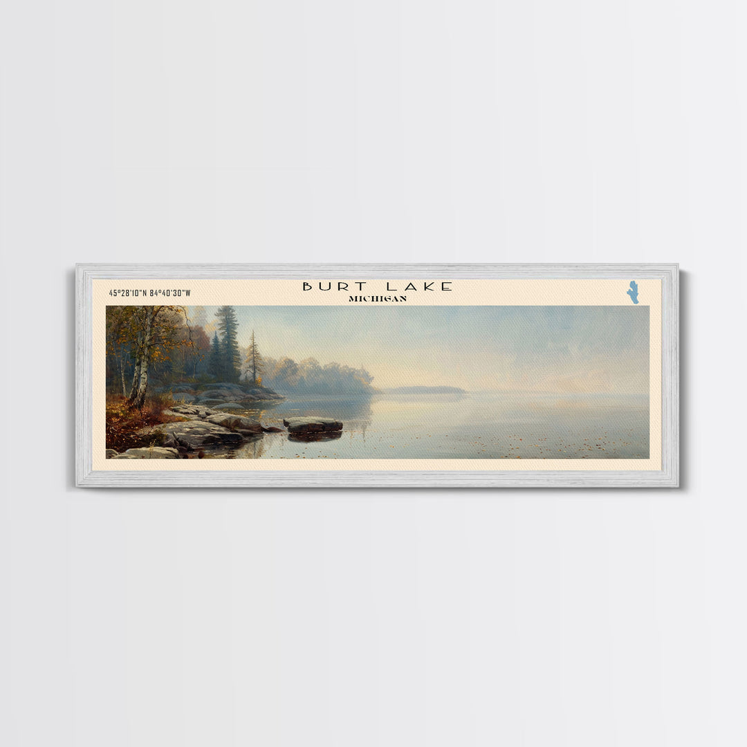 Burt Lake Michigan Framed Canvas Print, Panoramic Lake House Decor, Wall Art, Travel Poster, Rustic Lake Painting, Nature Art