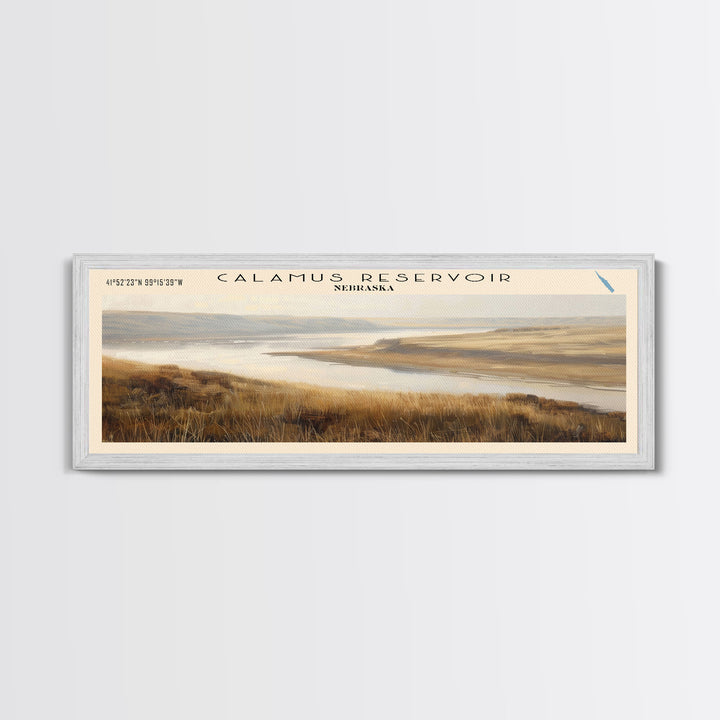 Calamus Reservoir Nebraska Framed Canvas Print, Panoramic Lake House Decor, Wall Art, Travel Poster, Rustic Lake Painting, Nature Art