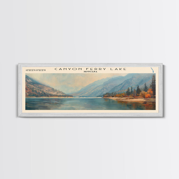 Canyon Ferry Lake Montana Framed Canvas Print, Lake House Art, Panoramic Wall Art, Travel Poster, Rustic Lake Painting, Nature Art