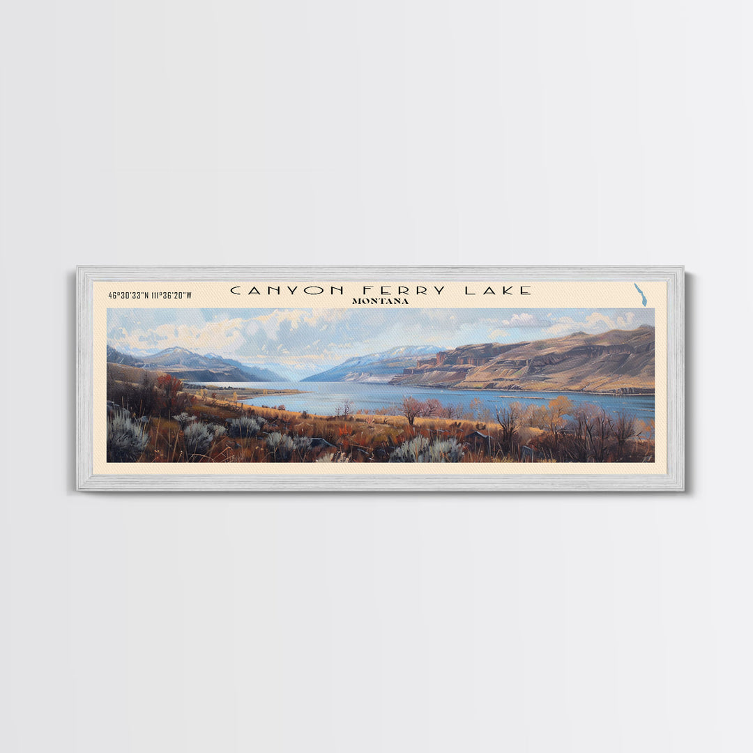 Canyon Ferry Lake Framed Canvas Print, Panoramic Lake House Decor, Wall Art, Travel Poster, Modern Lake Painting, Home Decor
