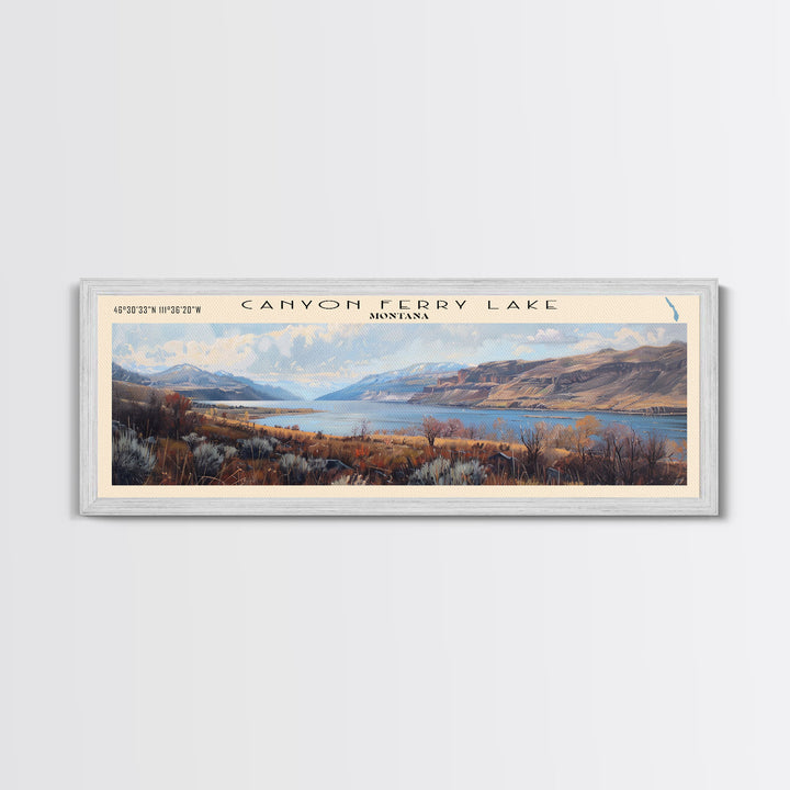 Canyon Ferry Lake Framed Canvas Print, Panoramic Lake House Decor, Wall Art, Travel Poster, Modern Lake Painting, Home Decor