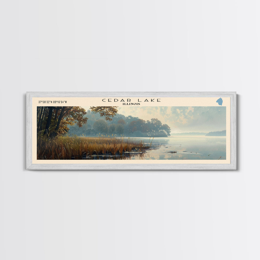 Cedar Lake Illinois Framed Canvas Print, Lake House Art, Panoramic Wide Art, Travel Poster, Minimalist Lake Painting, Home Decor