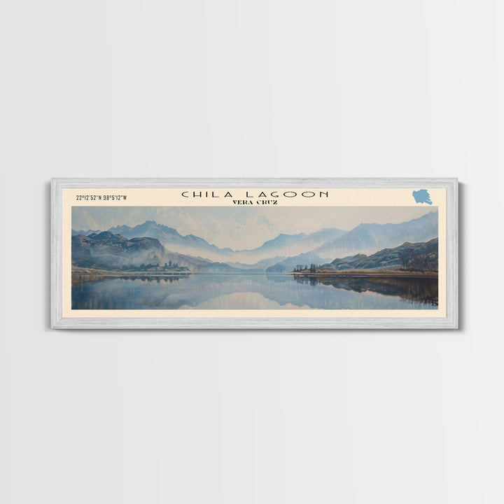 Chila Lagoon Framed Canvas Print, Panoramic Lake House Decor, Wide Wall Art, Travel Poster, Rustic Lake Painting, Home Decor