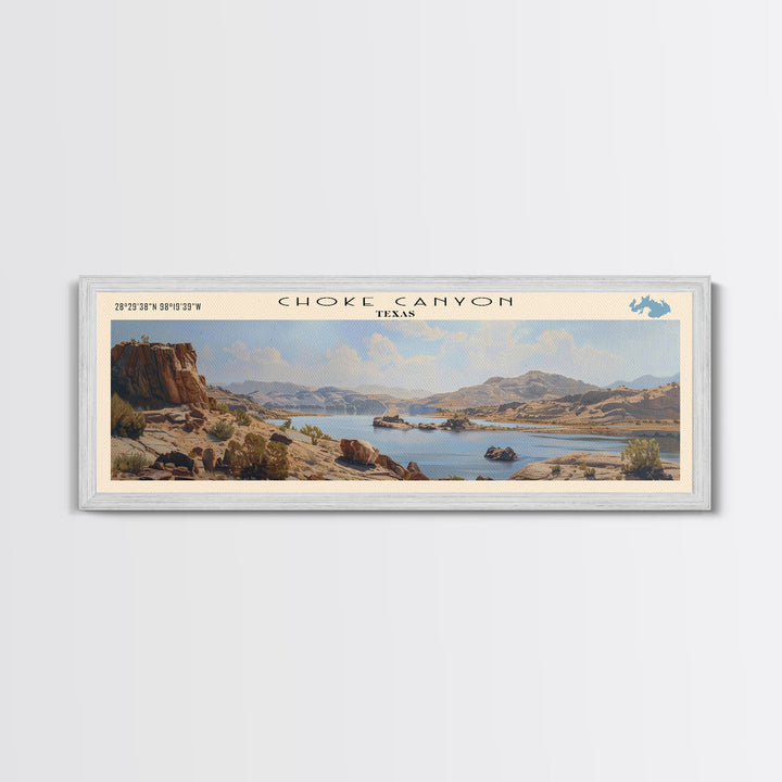 Choke Canyon Reservoir Framed Canvas Print, Panoramic Lake House Decor, Wide Wall Art, Travel Poster, Modern Lake Painting, Nature Art