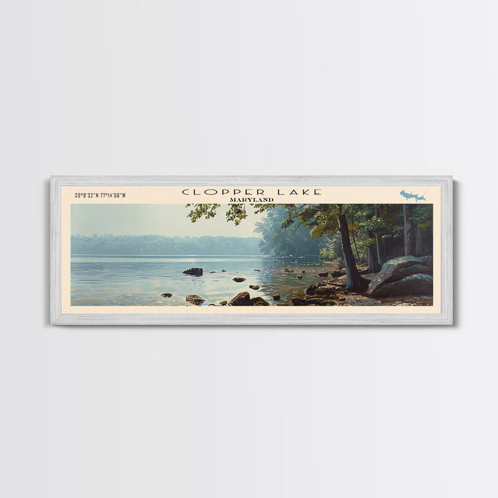 Clopper Lake Maryland Framed Canvas Print, Lake House Art, Panoramic Wide Art, Travel Poster, Minimalist Lake Painting, Home Decor