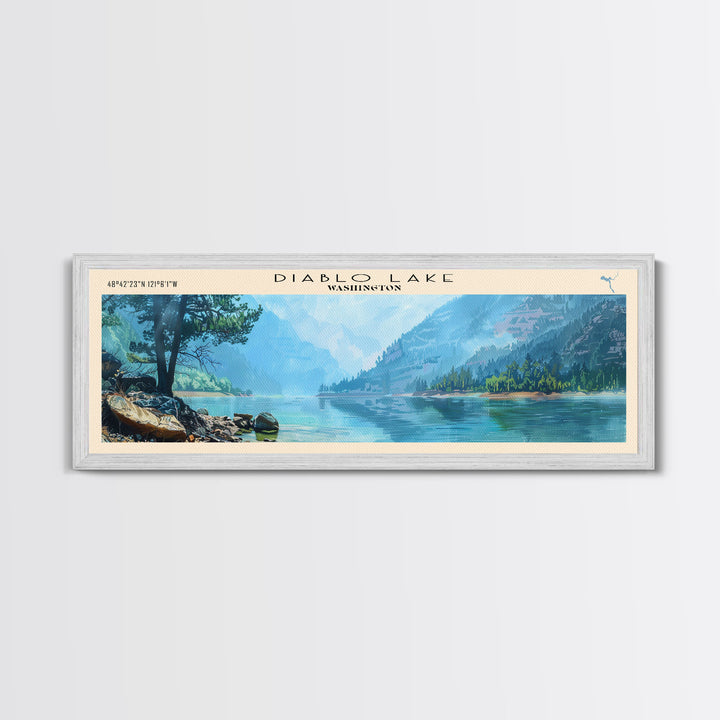 Diablo Lake Washington Framed Canvas Print, Lake House Art, Panoramic Wall Art, Travel Poster, Minimalist Lake Painting, Home Decor