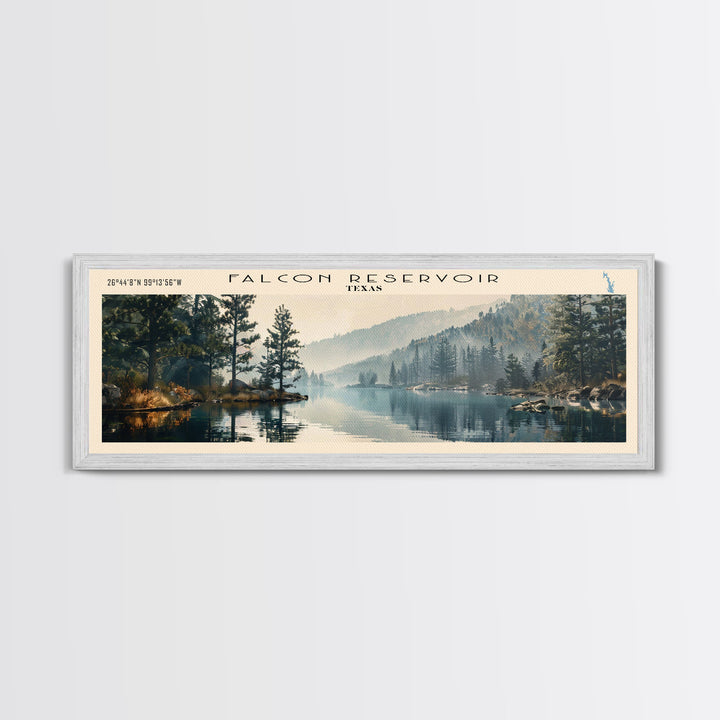 Falcon International Reservoir Framed Canvas Print, Lake House Decor, Panoramic Wall Art, Travel Poster, Modern Lake Painting, Nature Art