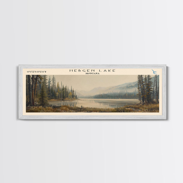 Hebgen Lake Montana Framed Canvas Print, Lake House Art, Panoramic Wall Art, Travel Poster, Beautiful Lake Painting, Home Decor