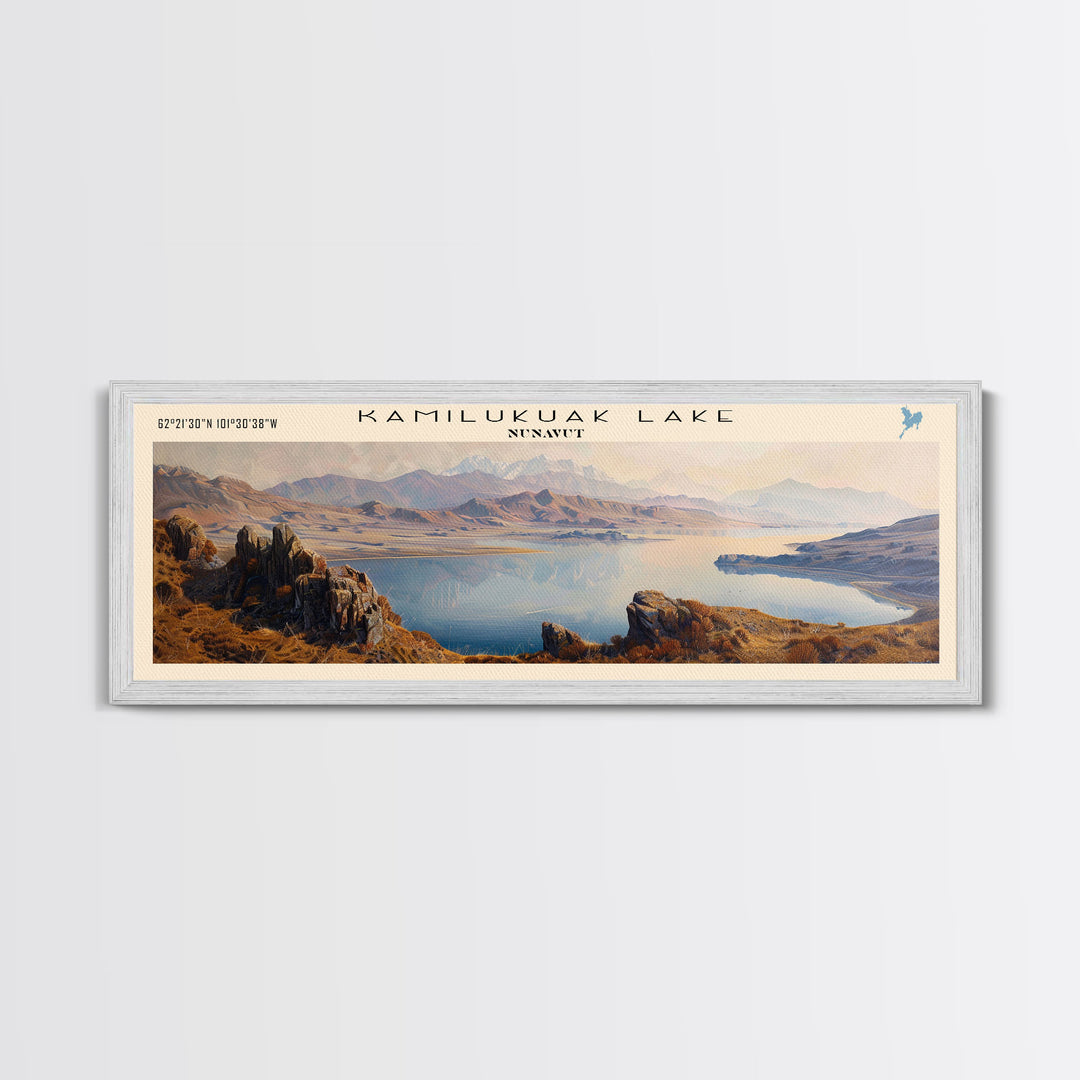 Kamilukuak Lake Framed Canvas Print, Lake House Decor, Panoramic Wall Art, Travel Poster, Captivating Lake Painting, Nature Art