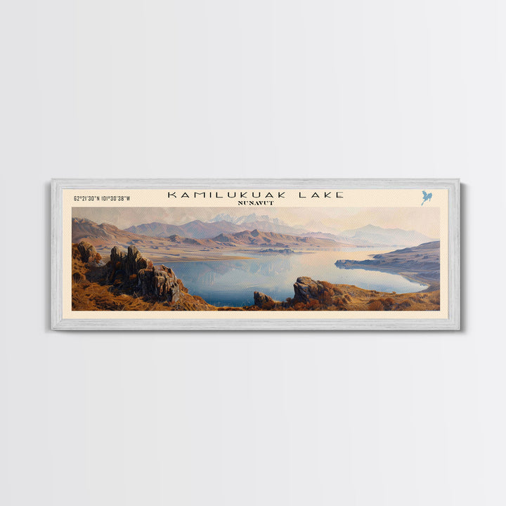 Kamilukuak Lake Framed Canvas Print, Lake House Decor, Panoramic Wall Art, Travel Poster, Captivating Lake Painting, Nature Art