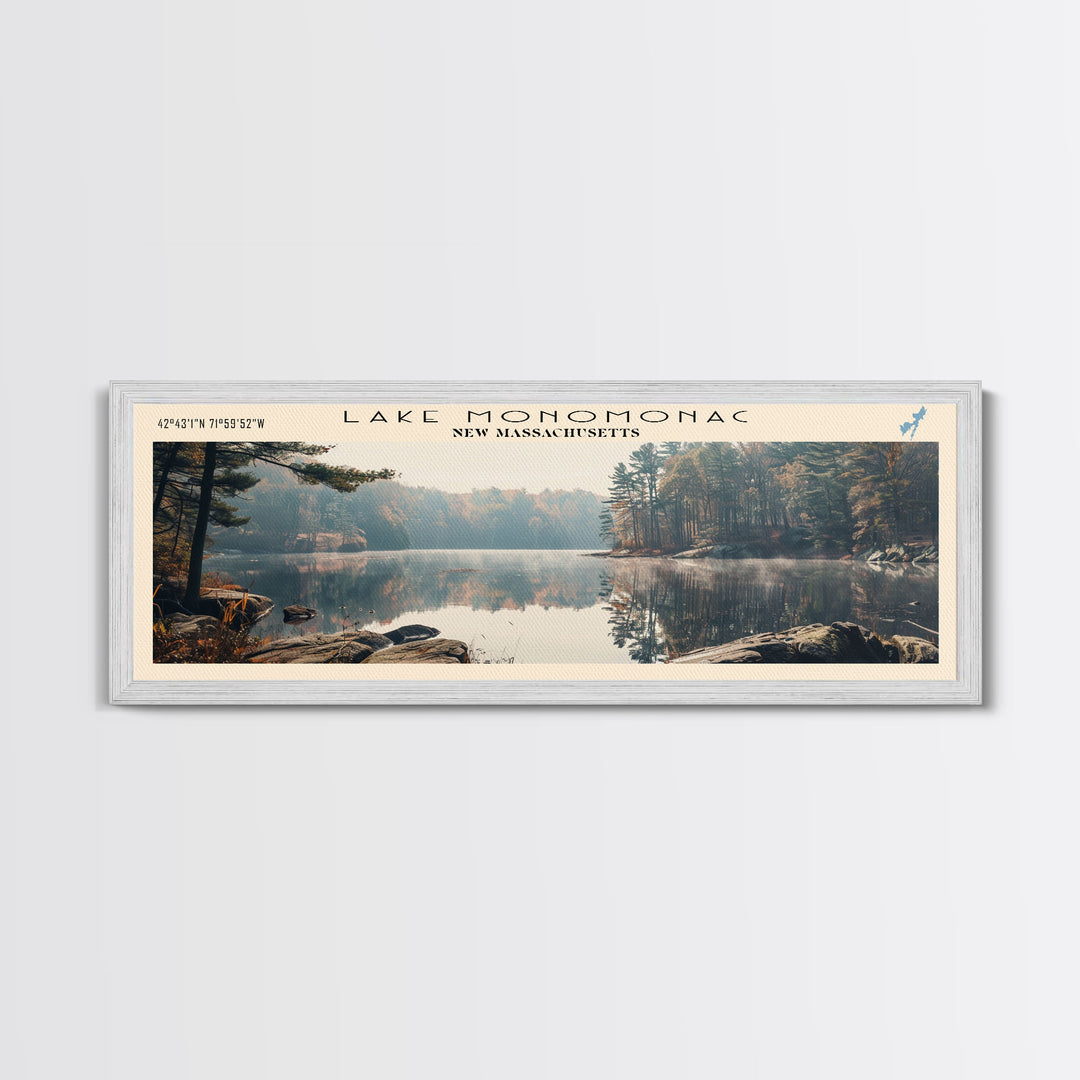 Lake Monomonac Massachusetts Framed Canvas Print, Lake House Decor, Panoramic Wall Art, Travel Poster, Stunning Landscape Painting, Living Room Decor