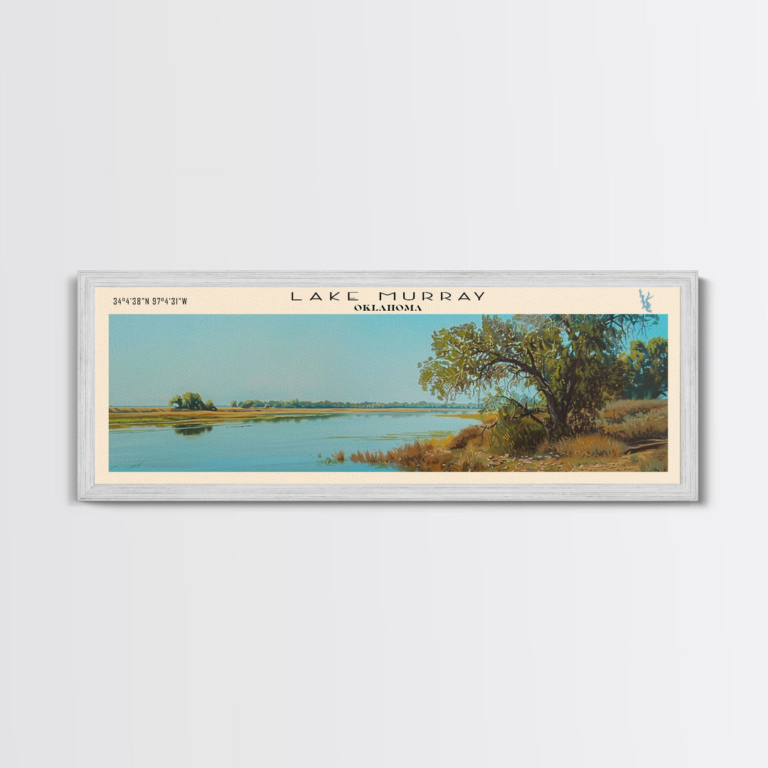 Lake Murray Oklahoma Framed Canvas Print, Lake House Decor, Panoramic Wall Art, Travel Poster, Beautiful Landscape Painting, Bedroom Decor