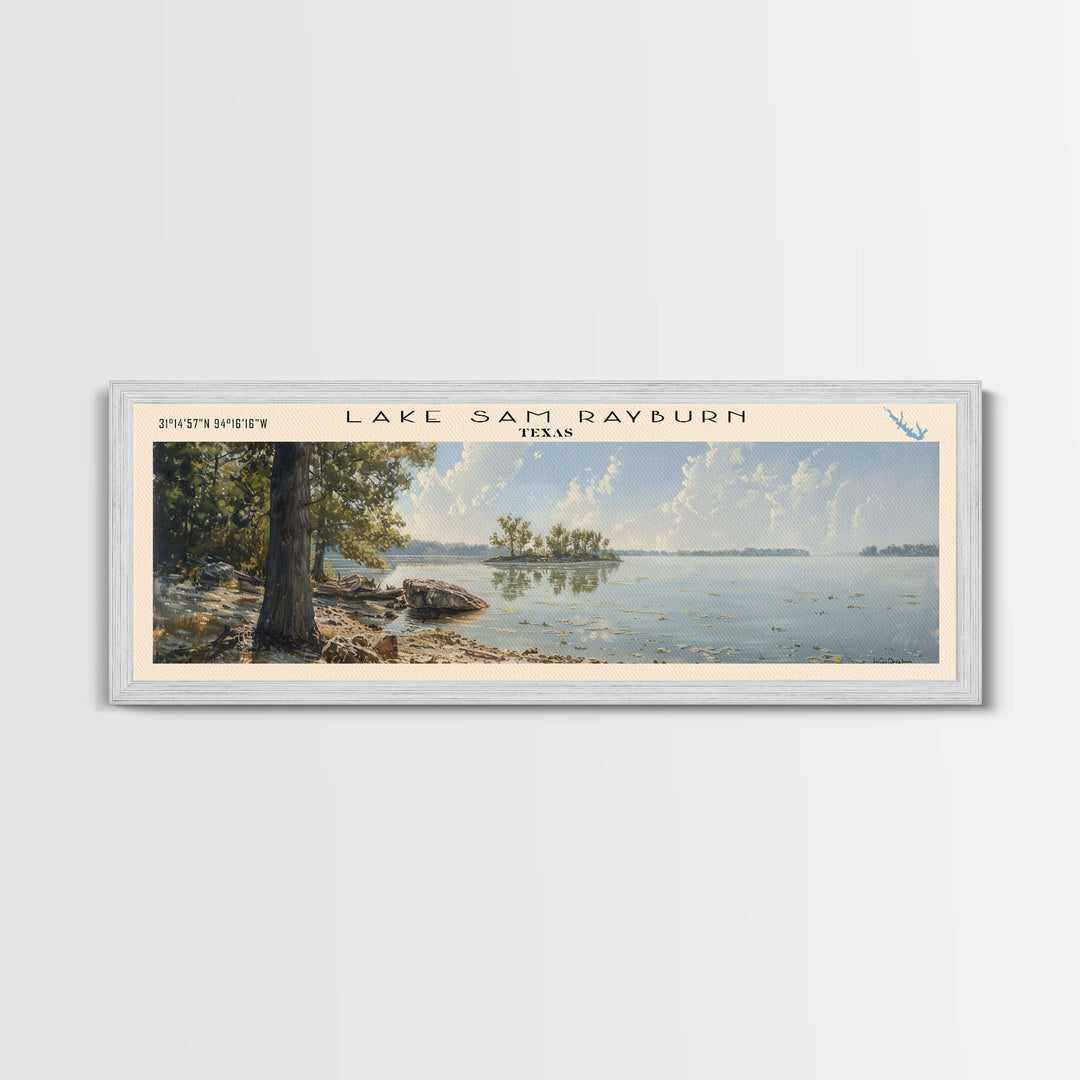 Lake Sam Rayburn, Boho Art, Serene Landscape, Travel Poster Art, Wall Art, Home Decor, Nature Scene, Lake Painting, Minimalist Art, Rustic Art, Travel Print, Framed Canvas Print, Lake House Decor, Panoramic Print