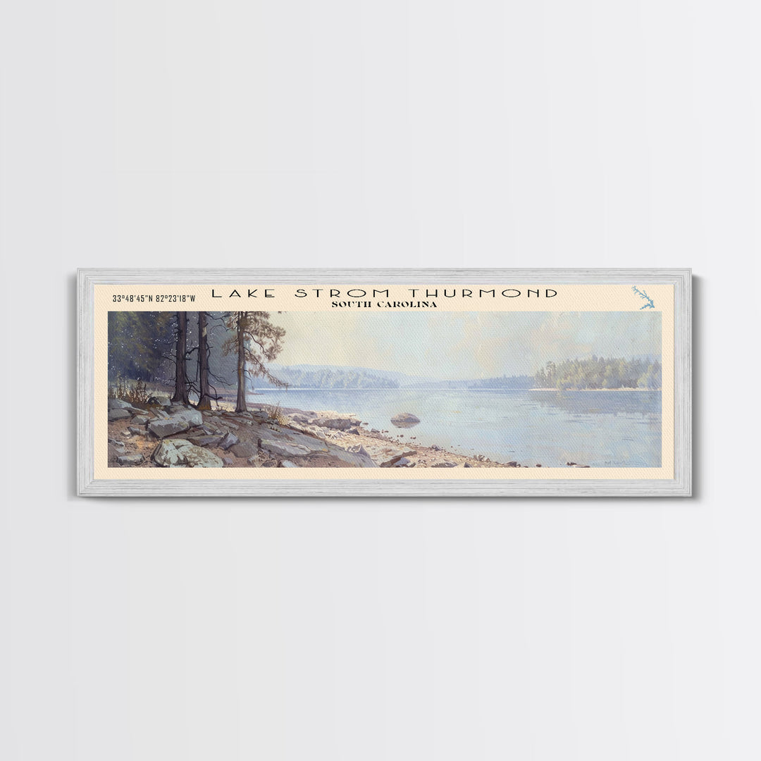 Lake Strom Thurmond South Carolina Framed Canvas Print, Lake House Decor, Panoramic Wall Art, Travel Poster, Serene Landscape Painting, Bedroom Decor