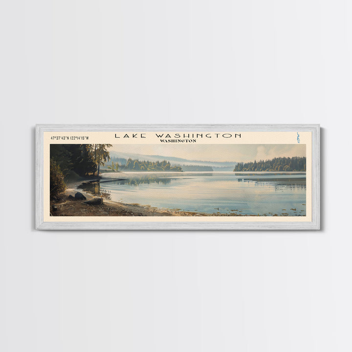 Lake Washington Framed Canvas Print, Lake House Decor, Panoramic Wall Art, Travel Poster, Scenic Landscape Painting, Bedroom Decor