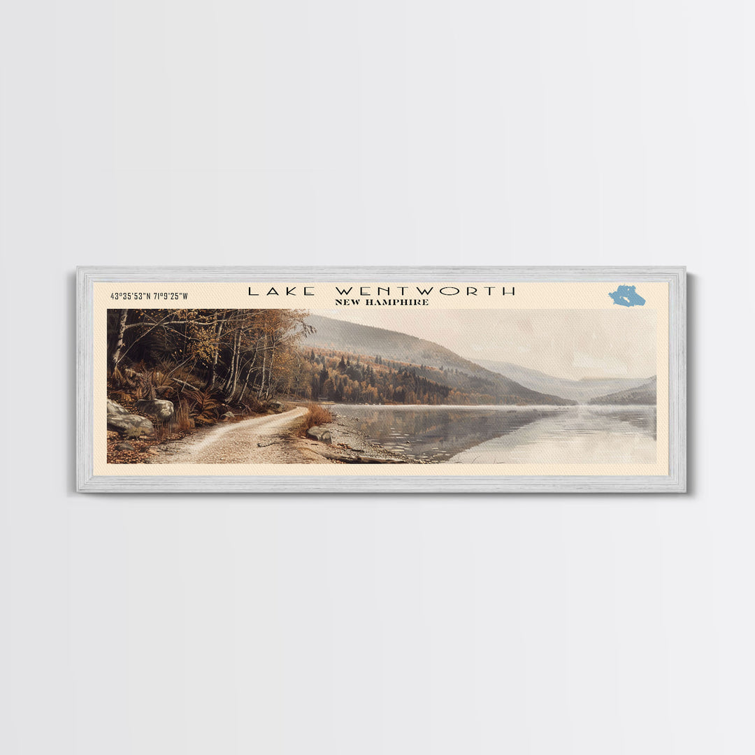 Lake Wentworth New Hampshire Framed Canvas Print, Lake House Decor, Panoramic Wall Art, Travel Poster, Scenic Landscape Painting, Rustic Art