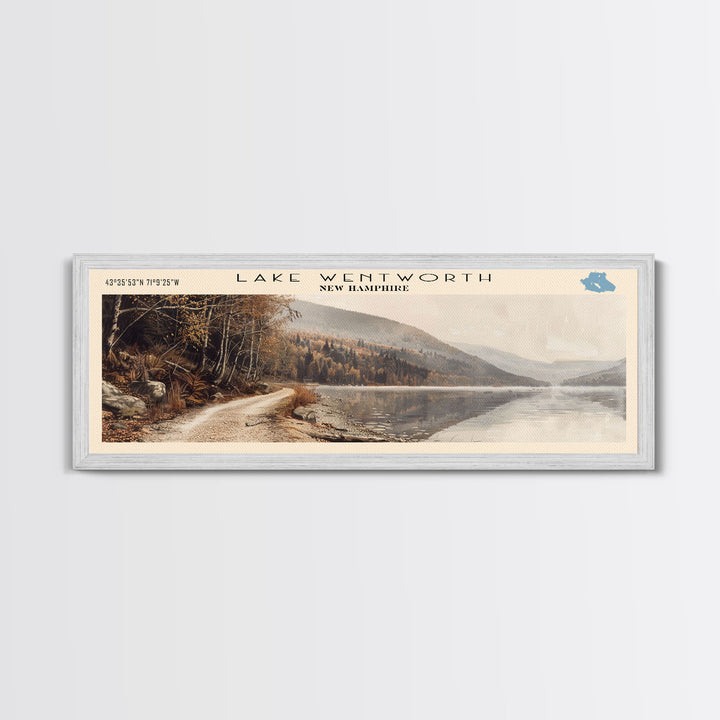 Lake Wentworth New Hampshire Framed Canvas Print, Lake House Decor, Panoramic Wall Art, Travel Poster, Scenic Landscape Painting, Rustic Art