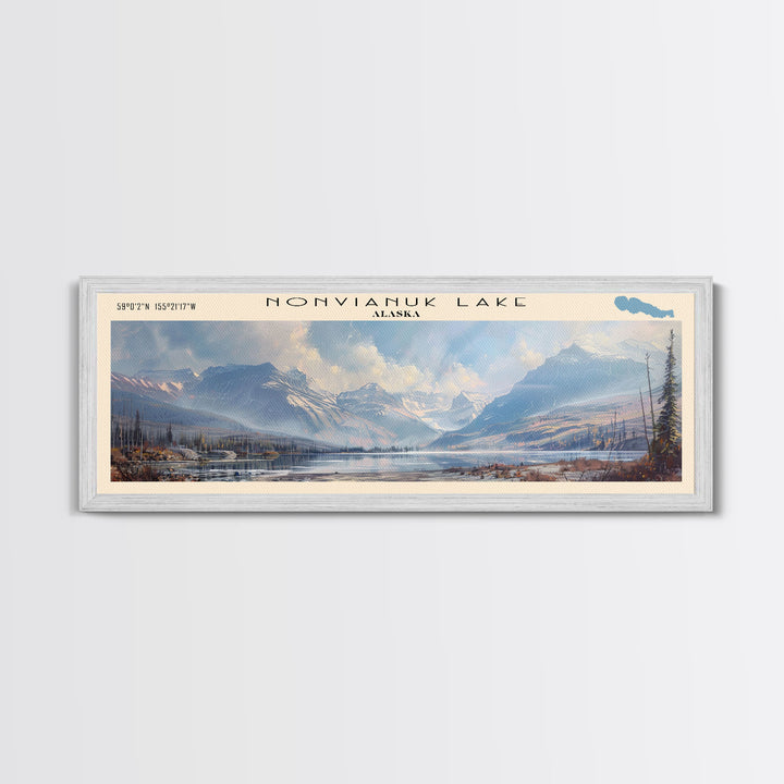Nonvianuk Lake Framed Canvas Print, Lake House Decor, Panoramic Wall Art, Travel Poster, Scenic Landscape Painting, Contemporary Art